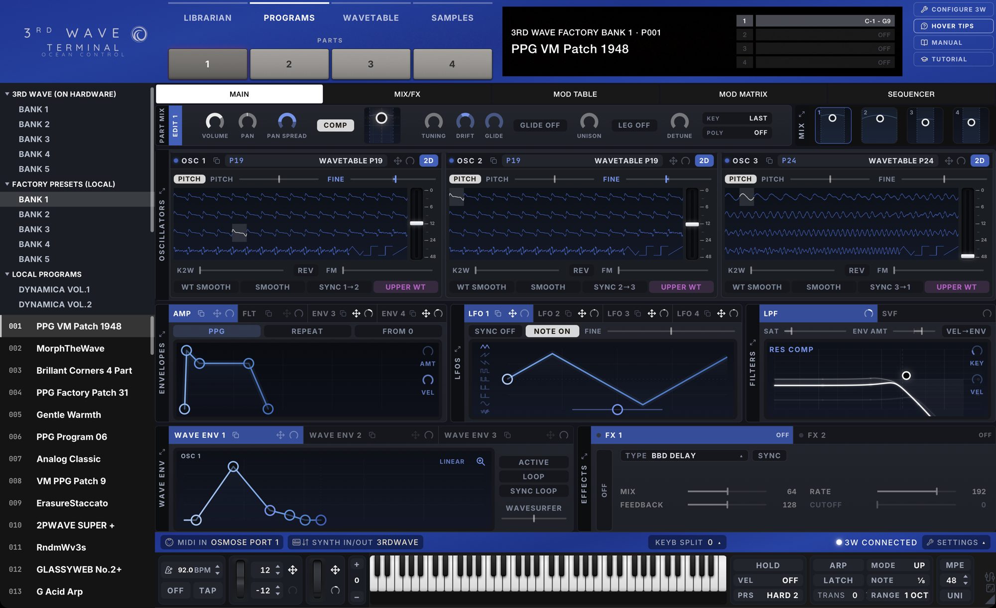 3rd Wave Terminal — main editor with oscillators, envelopes, LFOs and filters
